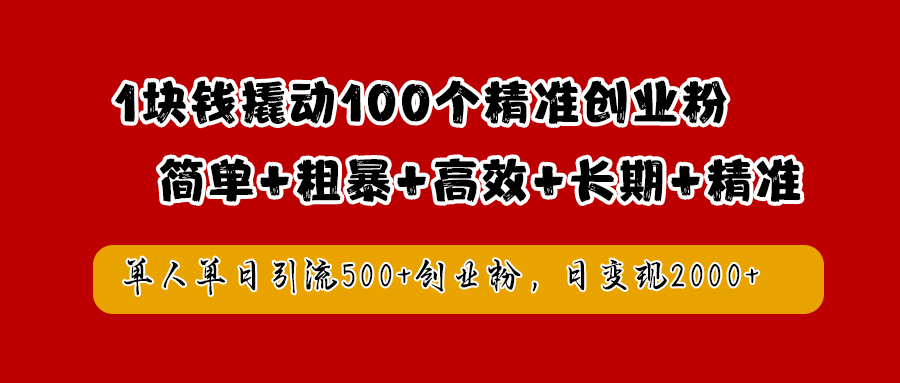 1块钱撬动100个精准创业粉，简单粗暴高效长期精准，单人单日引流500+创业粉，日变现2000+-锦晨科技网